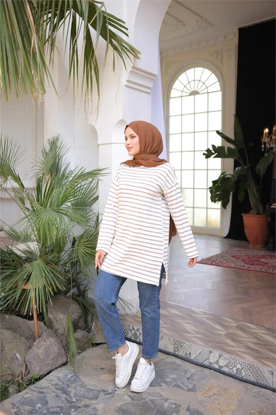 O Yaka Yatay Çizgili Uzun Kollu Kısa Yırtmaçlı Tunik - (38-46) - 71295 - Vizon - Resim 3