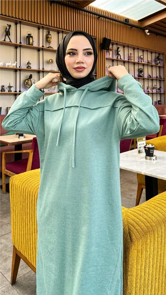 Uzun Tunik Kapşonlu Kenardan Yırtmaçlı İkili Spor Takım - 03034-1.100 - Çağla Yeşili - Resim 9