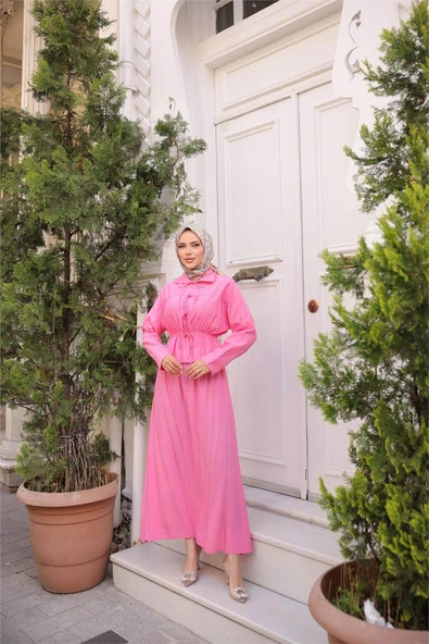 Gömlek Yaka Büzgülü, Bağcıklı Kısa Tunik Dökümlü Etek Takımı - (38-46) - 71291 - Fuşya - Resim 3