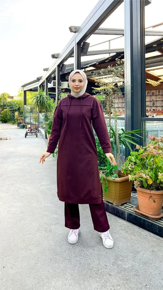 Uzun Tunik Kapşonlu Kenardan Yırtmaçlı İkili Spor Takım - 03034-1.020 - Mürdüm - Resim 3