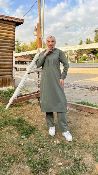 Uzun Tunik Kapşonlu Kenardan Yırtmaçlı İkili Spor Takım - 03034-1.005 - Haki - Resim 5