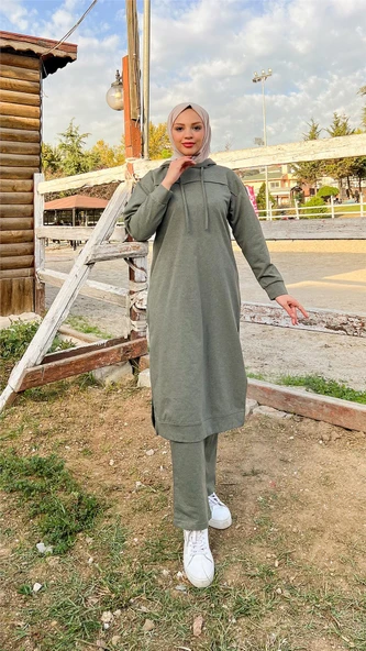 Uzun Tunik Kapşonlu Kenardan Yırtmaçlı İkili Spor Takım - 03034-1.005 - Haki ürün görseli