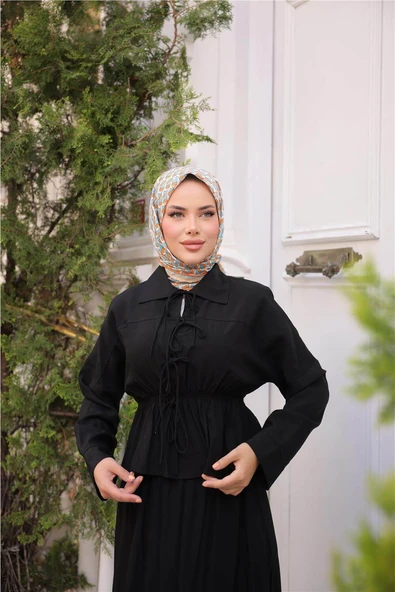 Gömlek Yaka Büzgülü, Bağcıklı Kısa Tunik Dökümlü Etek Takımı - (38-46) - 71291 - Siyah - 3