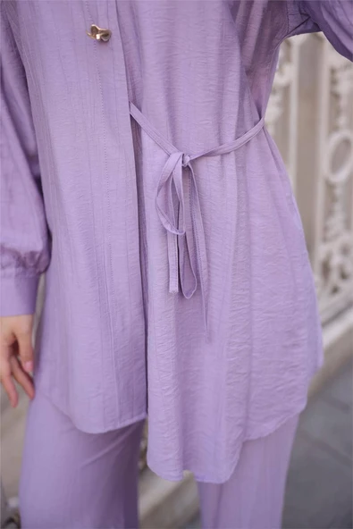 Gömlek Yaka Belden Yarı Bağcıklı Cepli Metal Düğme Detaylı İkili Tesettür Eşofman Takımı - (38-46) - 71293 - Koyu Lila - Resim 6