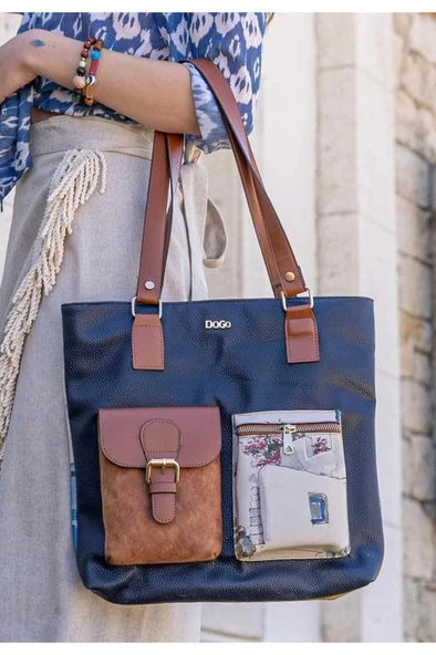 Kadın Vegan Deri Lacivert Omuz Çantası - Paperflower Tasarım