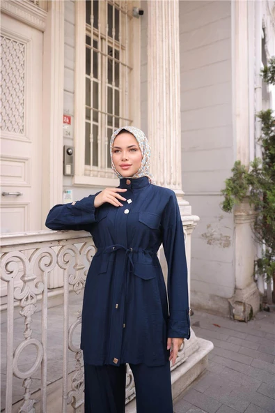 Balıkçı Yaka Belden Lastikli Cepli Metal Düğme Detaylı İkili Tesettür Eşofman Takımı - (38-46) - 71292 - Lacivert - Resim 4