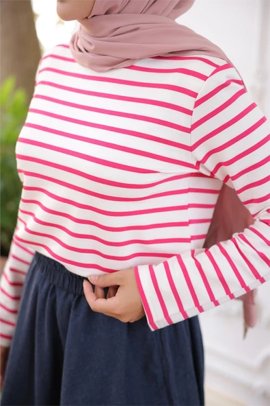 O Yaka Yatay Çizgili Uzun Kollu Kısa Yırtmaçlı Kısa Tunik - (38-46) - 71296 - Fuşya - Resim 6