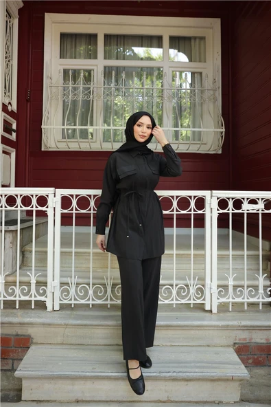 Gömlek Yaka Belden Bağcıklı Kısa Tunik İkili Tesettür Eşofman Takımı - (38-46) - 71299 - Siyah ürün görseli