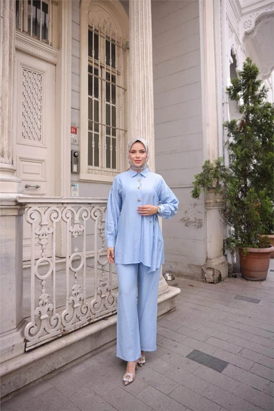 Gömlek Yaka Belden Yarı Bağcıklı Cepli Metal Düğme Detaylı İkili Tesettür Eşofman Takımı - (38-46) - 71293 - İndigo