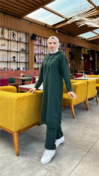 Uzun Tunik Kapşonlu Kenardan Yırtmaçlı İkili Spor Takım - 03034-1.021 - Nefti - Resim 9