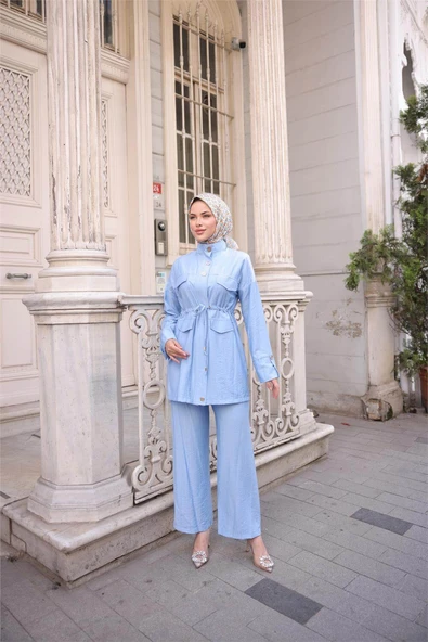Balıkçı Yaka Belden Lastikli Cepli Metal Düğme Detaylı İkili Tesettür Eşofman Takımı - (38-46) - 71292 - İndigo - Resim 2