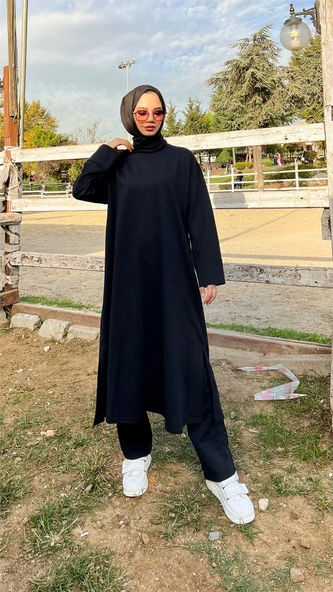 O Yaka Yırtmançlı Uzun Geniş Rahat Tunik Pantolon Sade Basic Spor Takımı - 03040-1.003 - Siyah - Resim 4