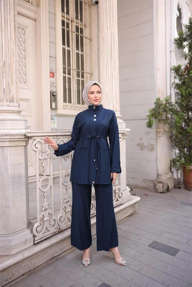 Balıkçı Yaka Belden Lastikli Cepli Metal Düğme Detaylı İkili Tesettür Eşofman Takımı - (38-46) - 71292 - Lacivert - Resim 3