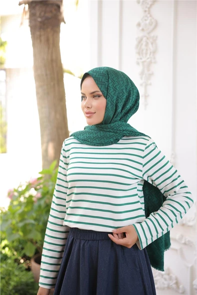 O Yaka Yatay Çizgili Uzun Kollu Kısa Yırtmaçlı Kısa Tunik - (38-46) - 71296 - Koyu Yeşil ürün görseli