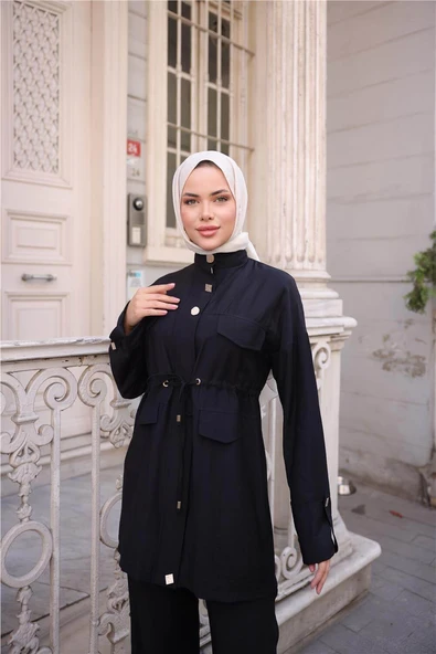 Balıkçı Yaka Belden Lastikli Cepli Metal Düğme Detaylı İkili Tesettür Eşofman Takımı - (38-46) - 71292 - Siyah - Resim 6