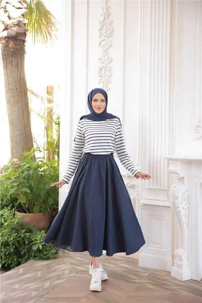 O Yaka Yatay Çizgili Uzun Kollu Kısa Yırtmaçlı Kısa Tunik - (38-46) - 71296 - Lacivert - Resim 3