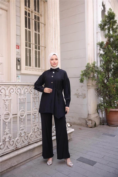 Gömlek Yaka Belden Yarı Bağcıklı Cepli Metal Düğme Detaylı İkili Tesettür Eşofman Takımı - (38-46) - 71293 - Siyah - Resim 2