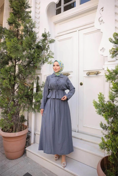 Gömlek Yaka Büzgülü, Bağcıklı Kısa Tunik Dökümlü Etek Takımı - (38-46) - 71291 - Füme - Resim 3