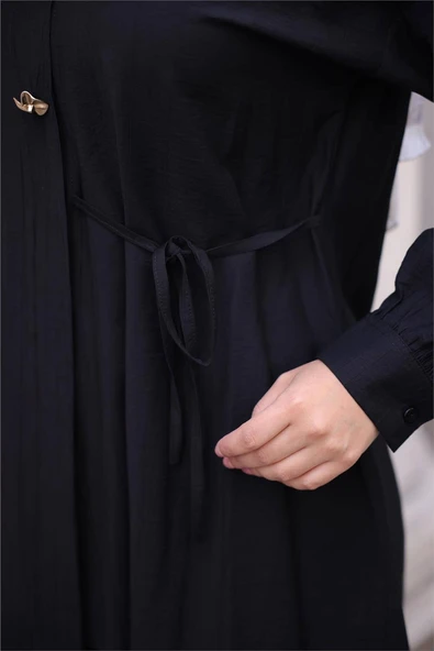 Gömlek Yaka Belden Yarı Bağcıklı Cepli Metal Düğme Detaylı İkili Tesettür Eşofman Takımı - (38-46) - 71293 - Siyah - Resim 5