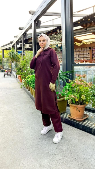 Uzun Tunik Kapşonlu Kenardan Yırtmaçlı İkili Spor Takım - 03034-1.020 - Mürdüm - Resim 5