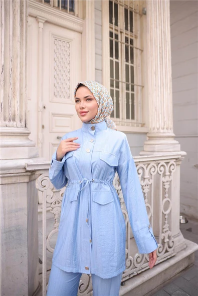 Balıkçı Yaka Belden Lastikli Cepli Metal Düğme Detaylı İkili Tesettür Eşofman Takımı - (38-46) - 71292 - İndigo - Resim 5