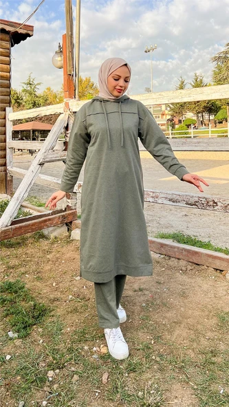 Uzun Tunik Kapşonlu Kenardan Yırtmaçlı İkili Spor Takım - 03034-1.005 - Haki - Resim 4