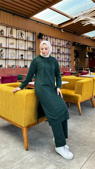 Uzun Tunik Kapşonlu Kenardan Yırtmaçlı İkili Spor Takım - 03034-1.021 - Nefti - Resim 2