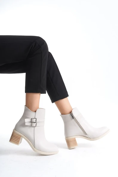 JET-NOEMI Tokalı Fermuarlı Ortopedik Taban TopukluKadın Bot  CKT - Krem - Resim 2