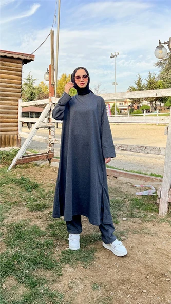 O Yaka Yırtmançlı Uzun Geniş Rahat Tunik Pantolon Sade Basic Spor Takımı - 03040-1.017 - Antrasit - Resim 6