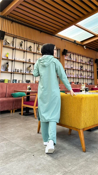 Uzun Tunik Kapşonlu Kenardan Yırtmaçlı İkili Spor Takım - 03034-1.100 - Çağla Yeşili - Resim 6