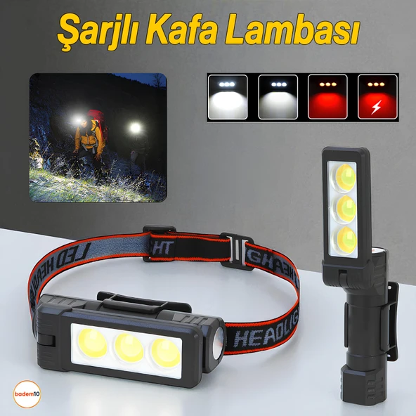 3 LED Kafa Feneri Kafa Lambası 10W Uzun Menzil Usb Şarjlı Ledli Işık Su Geçirmez Kamp El Feneri ürün görseli