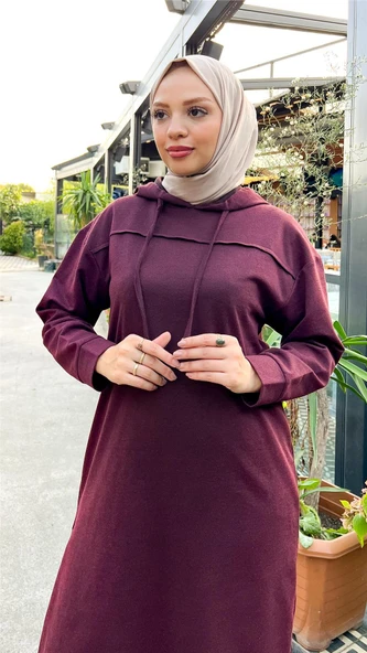 Uzun Tunik Kapşonlu Kenardan Yırtmaçlı İkili Spor Takım - 03034-1.020 - Mürdüm - Resim 6