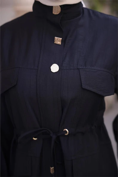 Balıkçı Yaka Belden Lastikli Cepli Metal Düğme Detaylı İkili Tesettür Eşofman Takımı - (38-46) - 71292 - Siyah - Resim 8