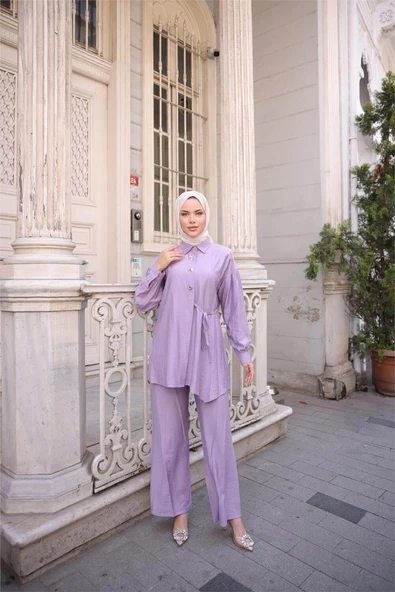 Gömlek Yaka Belden Yarı Bağcıklı Cepli Metal Düğme Detaylı İkili Tesettür Eşofman Takımı - (38-46) - 71293 - Koyu Lila - Resim 2