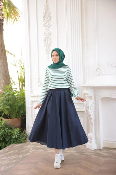 O Yaka Yatay Çizgili Uzun Kollu Kısa Yırtmaçlı Kısa Tunik - (38-46) - 71296 - Koyu Yeşil - Resim 2