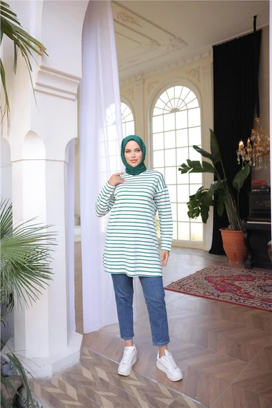 O Yaka Yatay Çizgili Uzun Kollu Kısa Yırtmaçlı Tunik - (38-46) - 71295 - Koyu Yeşil - Resim 3