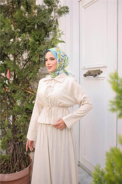 Gömlek Yaka Büzgülü, Bağcıklı Kısa Tunik Dökümlü Etek Takımı - (38-46) - 71291 - Bej - 4