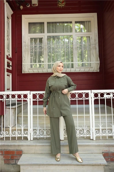 Gömlek Yaka Belden Bağcıklı Kısa Tunik İkili Tesettür Eşofman Takımı - (38-46) - 71299 - Haki - Resim 3