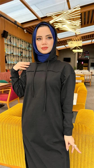 Uzun Tunik Kapşonlu Kenardan Yırtmaçlı İkili Spor Takım - 03034-1.003 - Siyah - Resim 2