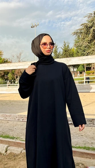 O Yaka Yırtmançlı Uzun Geniş Rahat Tunik Pantolon Sade Basic Spor Takımı - 03040-1.003 - Siyah - Resim 6