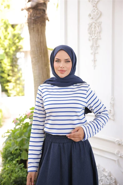 O Yaka Yatay Çizgili Uzun Kollu Kısa Yırtmaçlı Kısa Tunik - (38-46) - 71296 - Saks ürün görseli