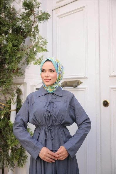 Gömlek Yaka Büzgülü, Bağcıklı Kısa Tunik Dökümlü Etek Takımı - (38-46) - 71291 - Füme - Resim 4