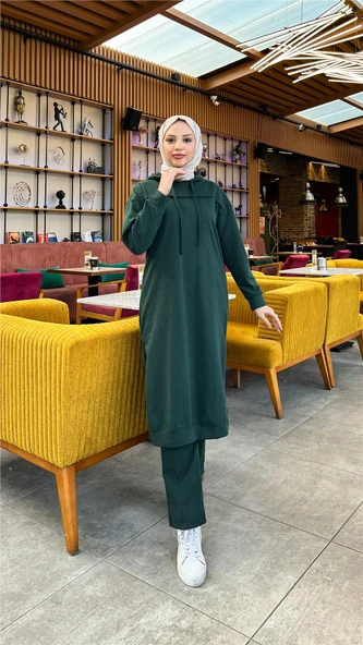 Uzun Tunik Kapşonlu Kenardan Yırtmaçlı İkili Spor Takım - 03034-1.021 - Nefti - Resim 7