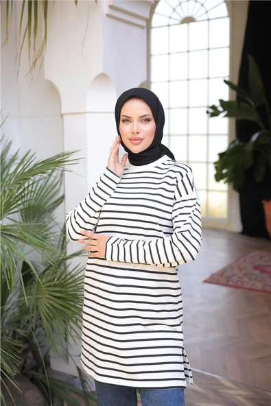 O Yaka Yatay Çizgili Uzun Kollu Kısa Yırtmaçlı Tunik - (38-46) - 71295 - Siyah - Resim 2