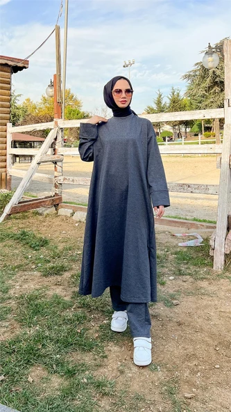 O Yaka Yırtmançlı Uzun Geniş Rahat Tunik Pantolon Sade Basic Spor Takımı - 03040-1.017 - Antrasit - Resim 4