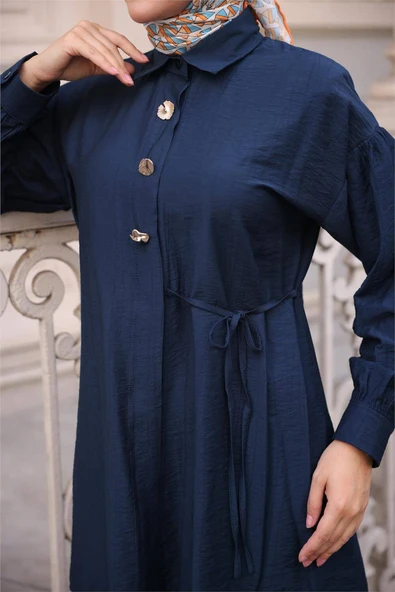 Gömlek Yaka Belden Yarı Bağcıklı Cepli Metal Düğme Detaylı İkili Tesettür Eşofman Takımı - (38-46) - 71293 - Lacivert - Resim 7