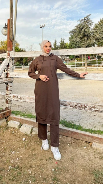 Uzun Tunik Kapşonlu Kenardan Yırtmaçlı İkili Spor Takım - 03034-1.028 - Kahverengi - 6