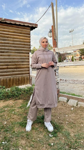 Uzun Tunik Kapşonlu Kenardan Yırtmaçlı İkili Spor Takım - 03034-1.016 - Vizon - Resim 7