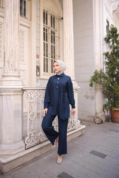 Gömlek Yaka Belden Yarı Bağcıklı Cepli Metal Düğme Detaylı İkili Tesettür Eşofman Takımı - (38-46) - 71293 - Lacivert - Resim 3