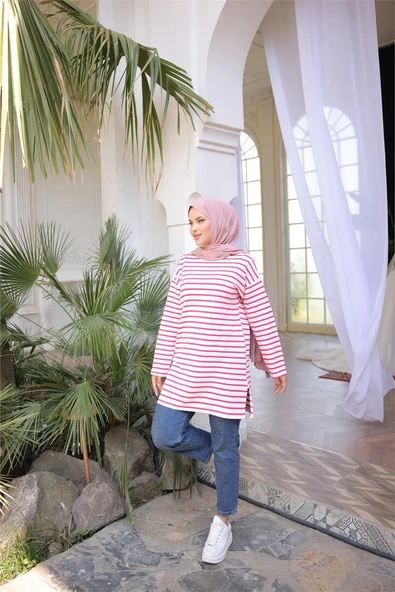 O Yaka Yatay Çizgili Uzun Kollu Kısa Yırtmaçlı Tunik - (38-46) - 71295 - Fuşya - Resim 4